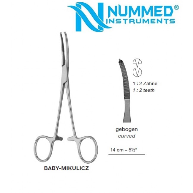 Baby-Mikulicz Forceps, Curved, 1x2 Teeth, 14 cm